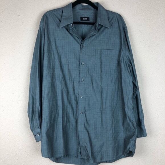 Hugo Boss Blue Plaid Button Down Mens Shirt 17 1/2 Casual Long Sleeve - Picture 1 of 7